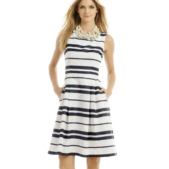 CARMEN MARC VALVO Point Of Sail Dress in Blue And White Stripe - Picture 1 of 15